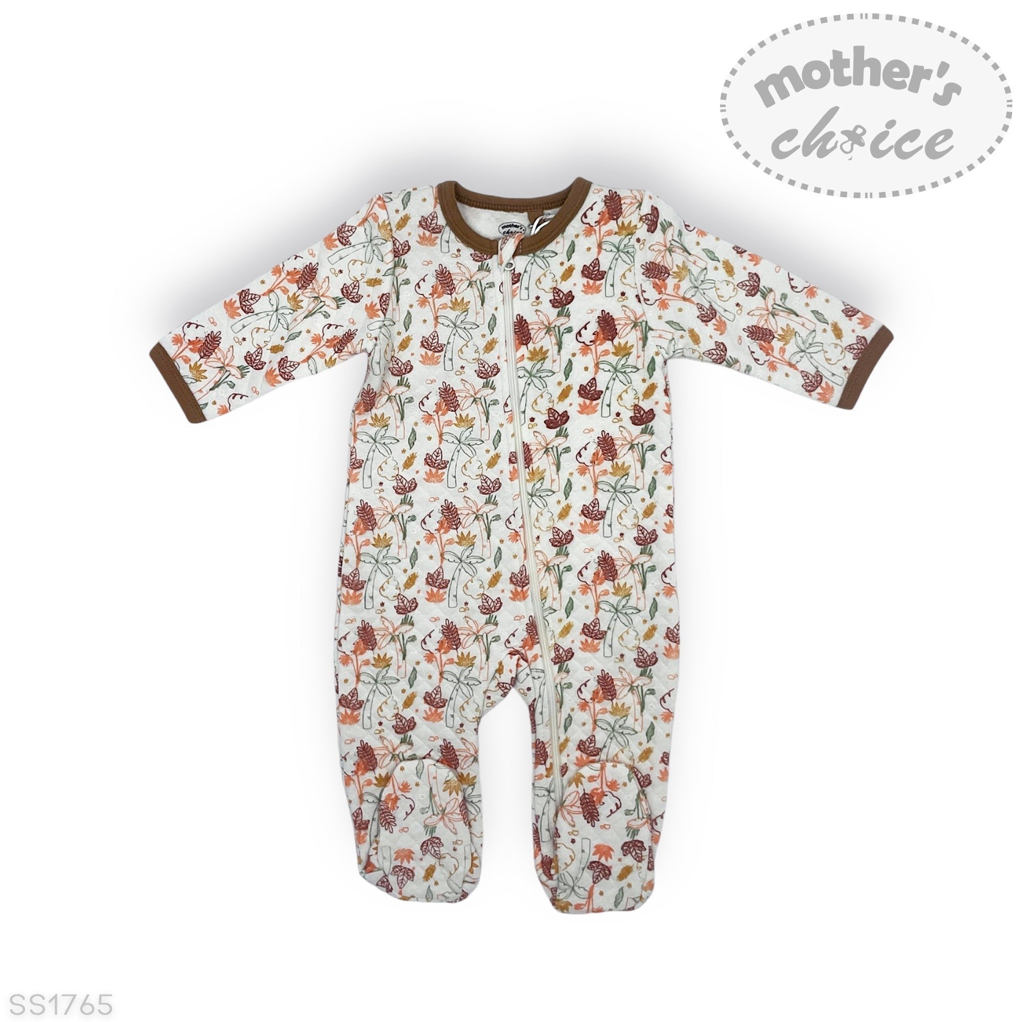 Baby onesie with floral pattern on a white background, featuring 'mother's choice' branding.