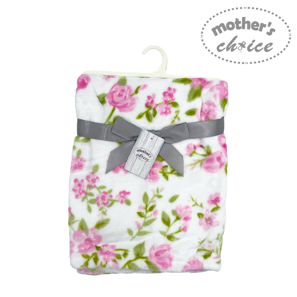 Floral blanket with pink flowers and green leaves, tied with a gray ribbon, on a white background with 'Mother's Choice' branding.