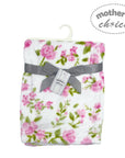Floral blanket with pink flowers and green leaves, tied with a gray ribbon, on a white background with 'Mother's Choice' branding.