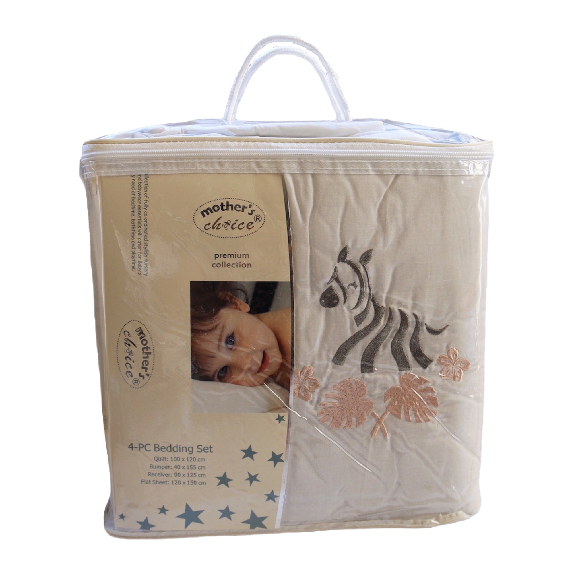 Packaged baby bedding set with 'Mother's Choice' branding on a white background
