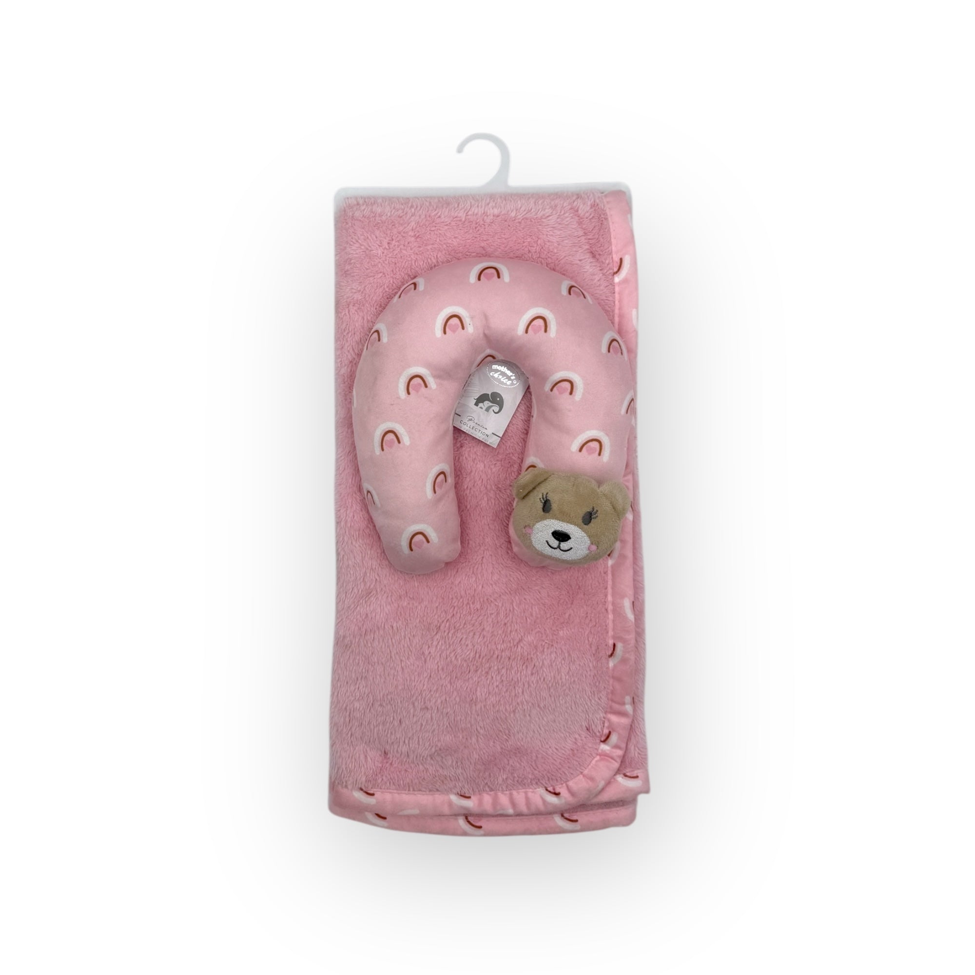 M/C SUPER SOFT CORAL FLEECE WITH PRINTED MINK BINDING BLANKET AND PILLOW SET GIRL&#39;S PINK BEAR