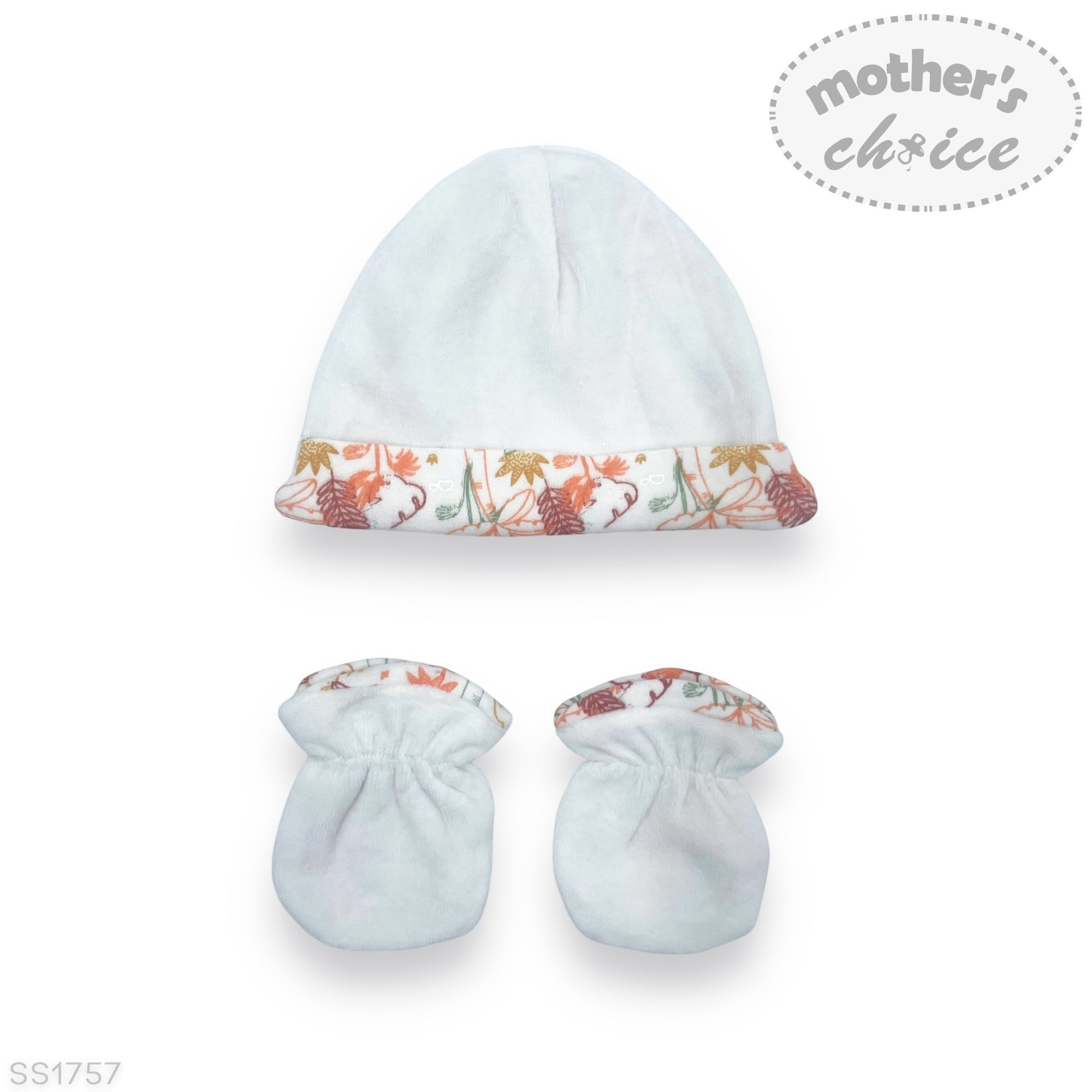 Baby hat and booties set with floral trim on a white background, featuring 'Mother's Choice' branding.