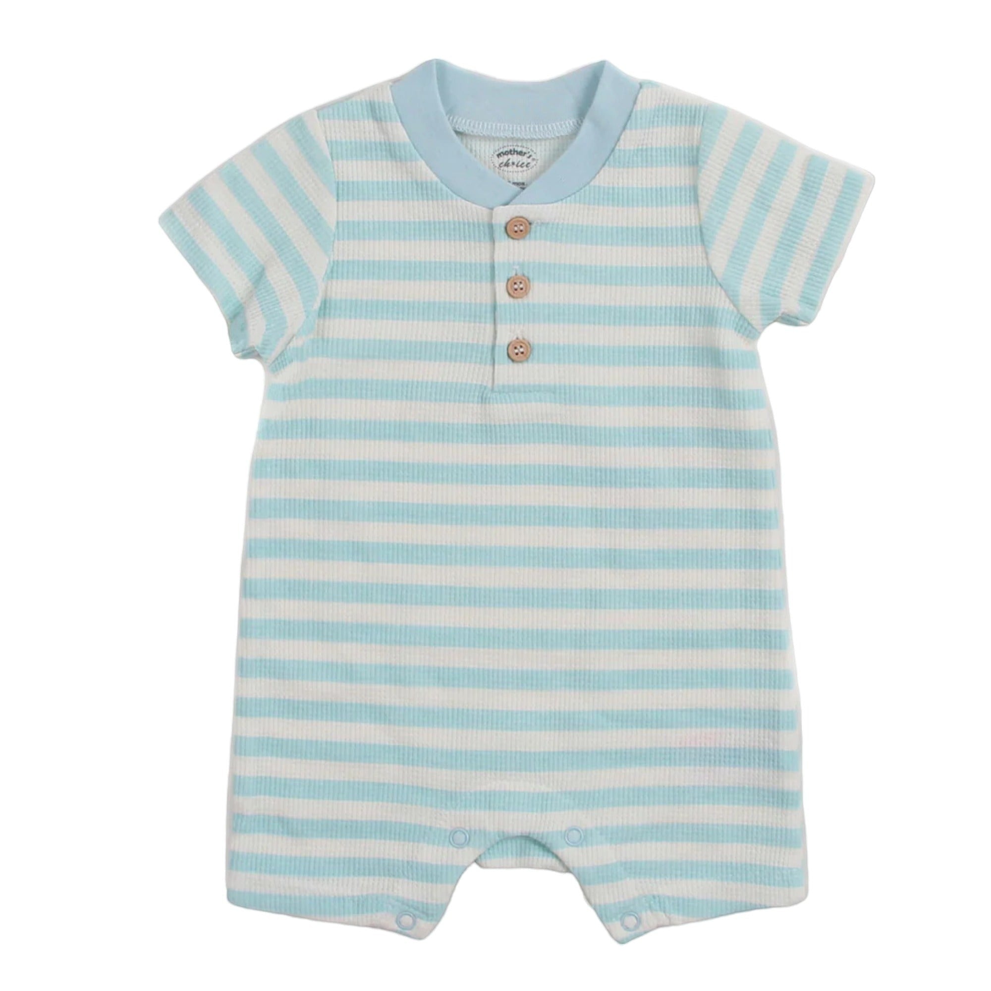 Baby romper with blue and white stripes on a white background
