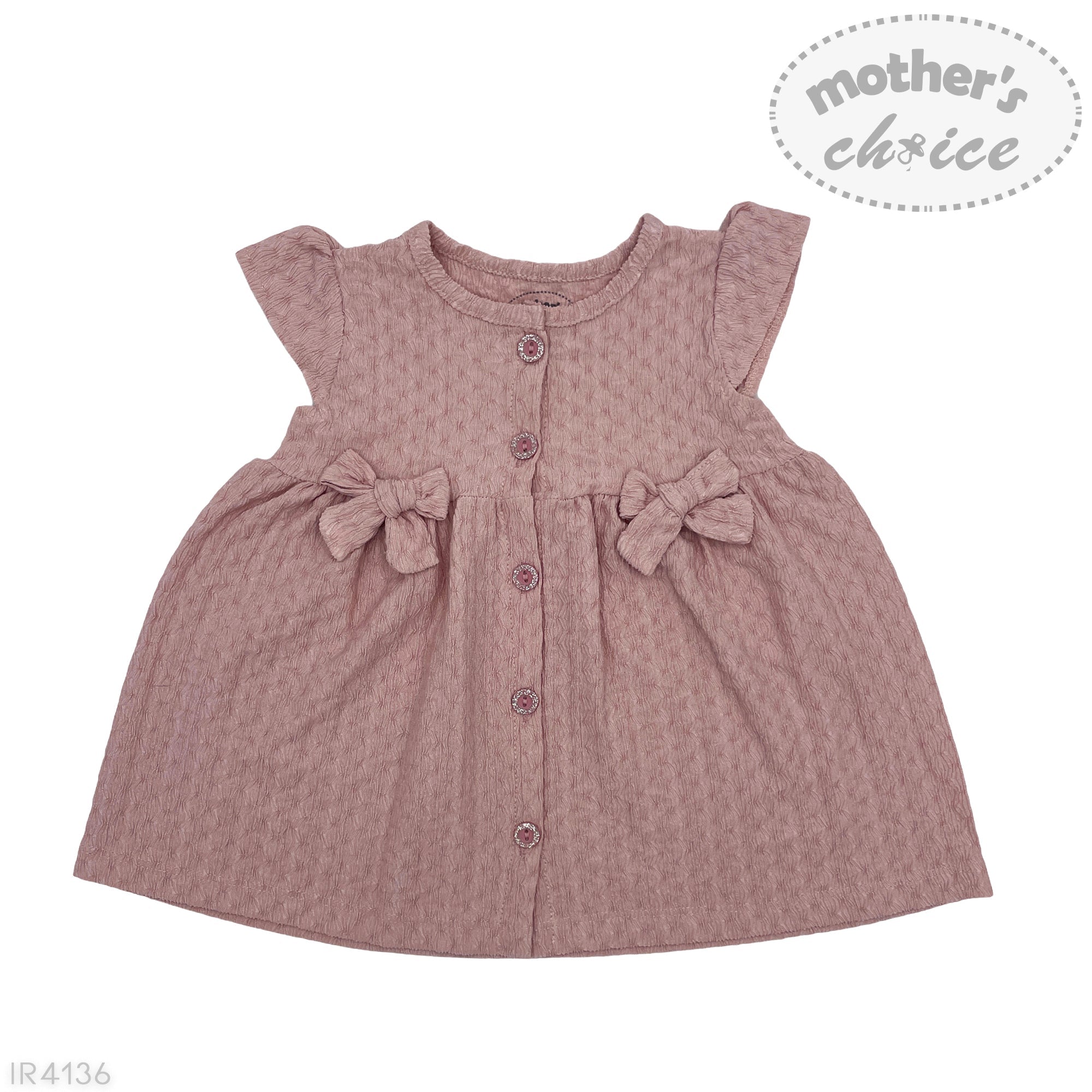 Pink baby dress with bow details on a white background, branded 'Mother's Choice'.