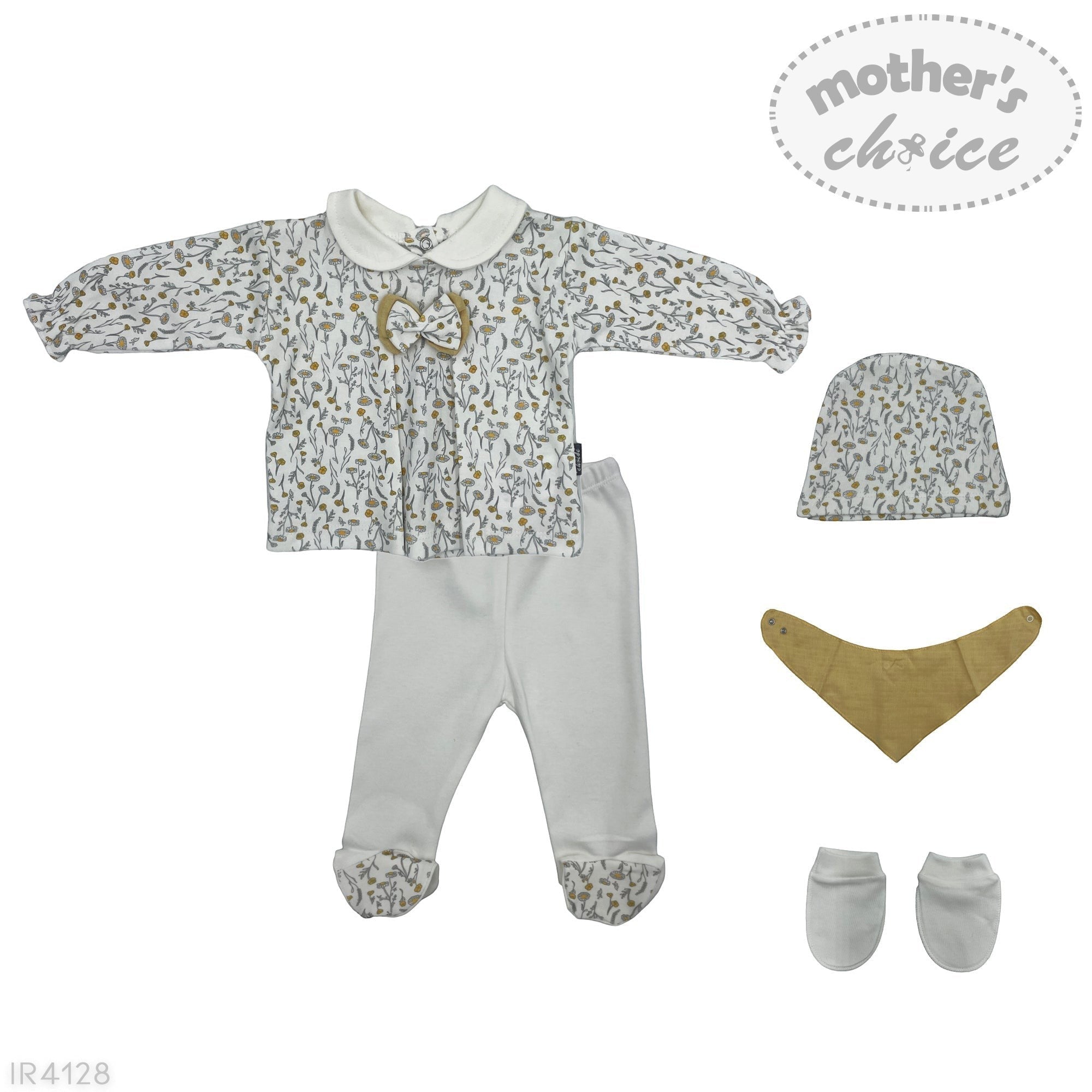Baby clothing set with top, pants, hat, and booties on a white background