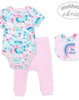Baby clothing set with bodysuit, pants, and bib on a white background