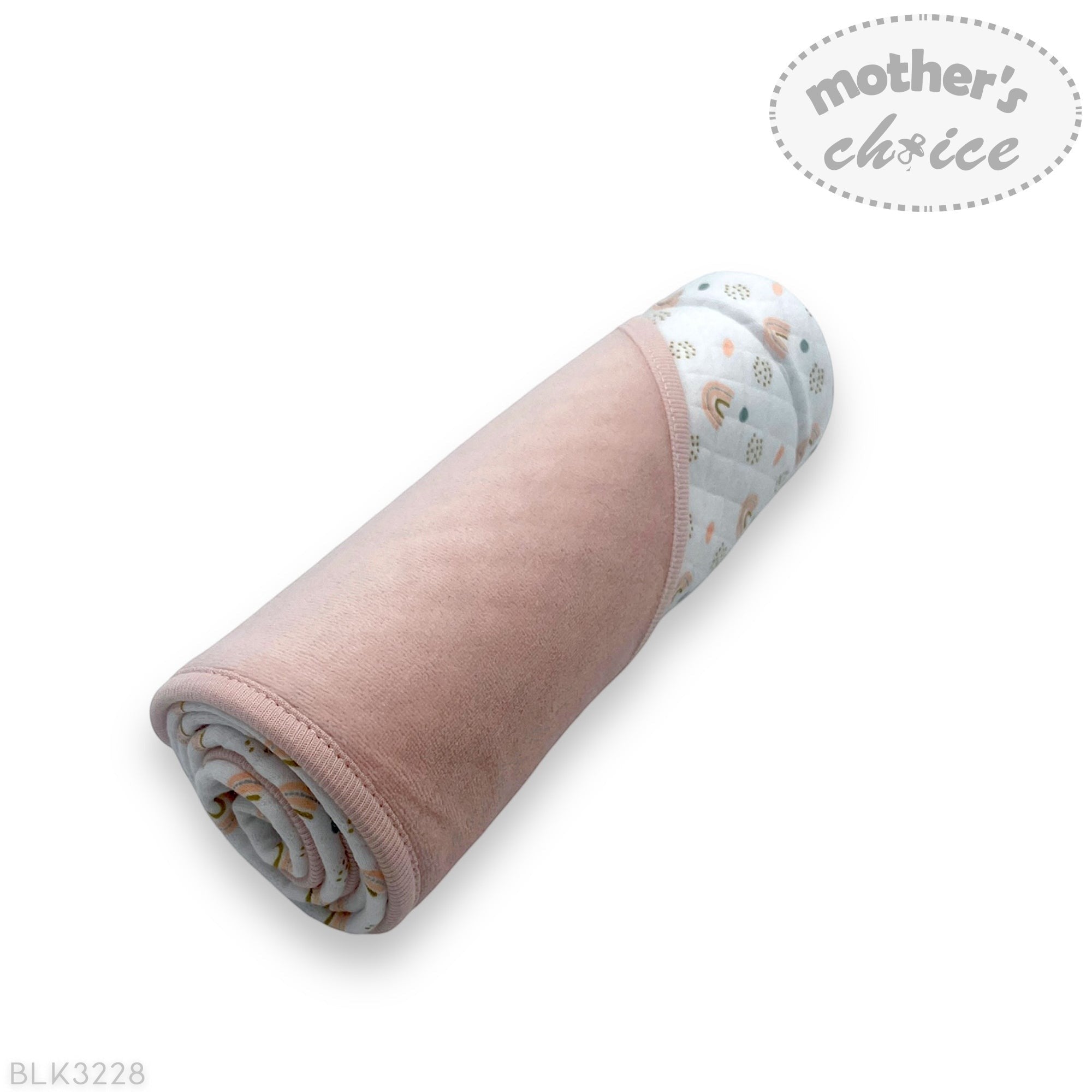 Roll of pink fabric with a patterned end, branded 'Mother's Choice', on a white background.