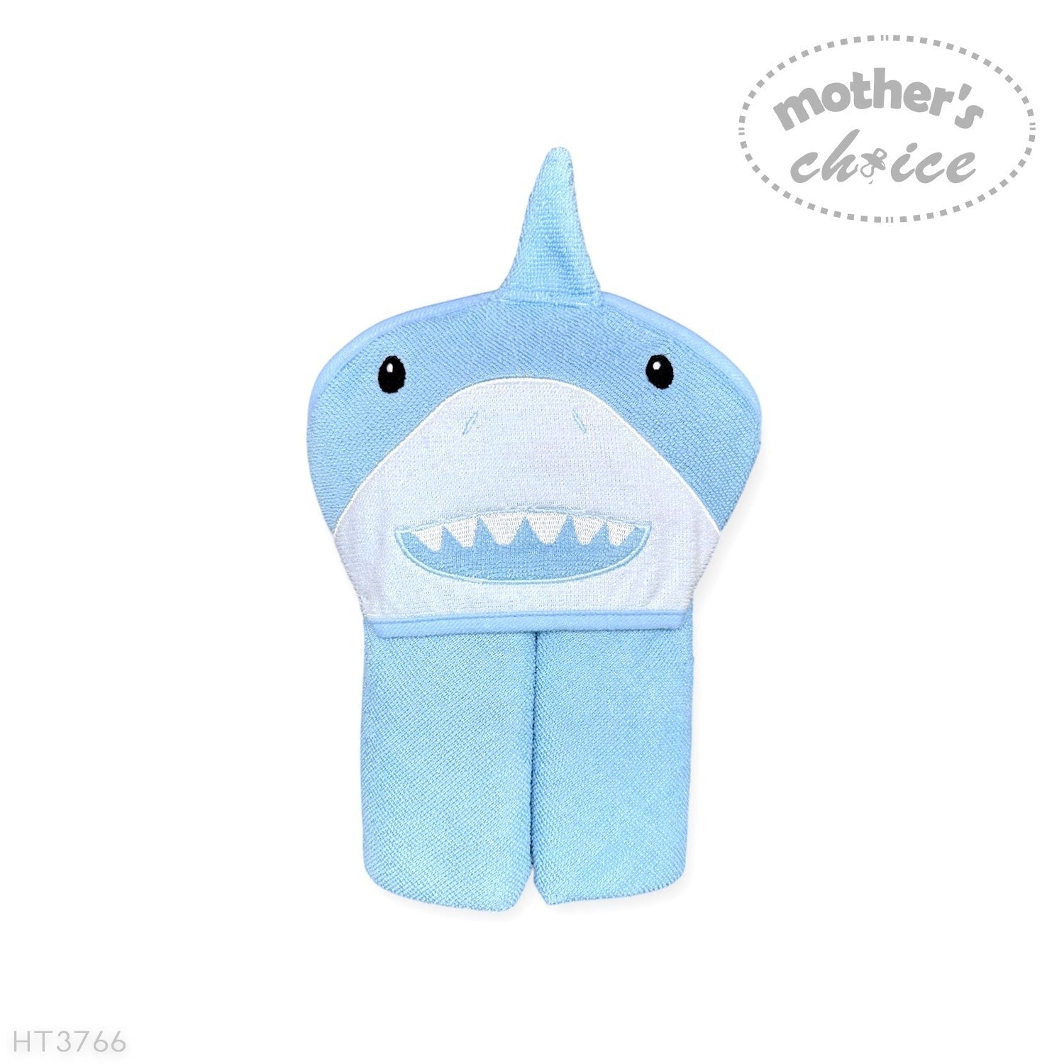 Blue shark-shaped hooded towel with 'Mother's Choice' branding on a white background