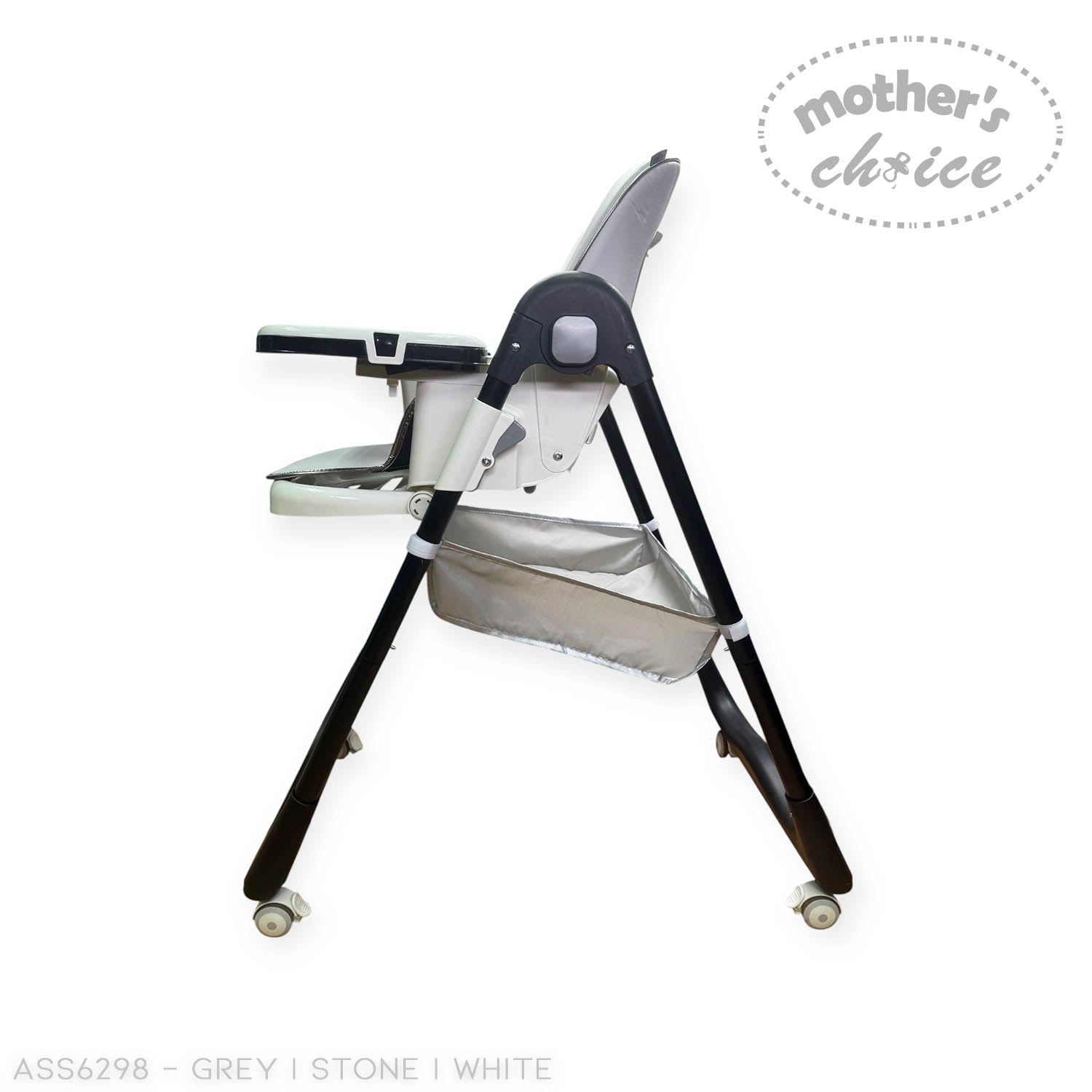 Children's high chair with tray on a white background, branded 'Mother's Choice'.
