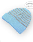Blue knit baby hat with gray stripes on a white background, featuring 'mother's choice' branding.