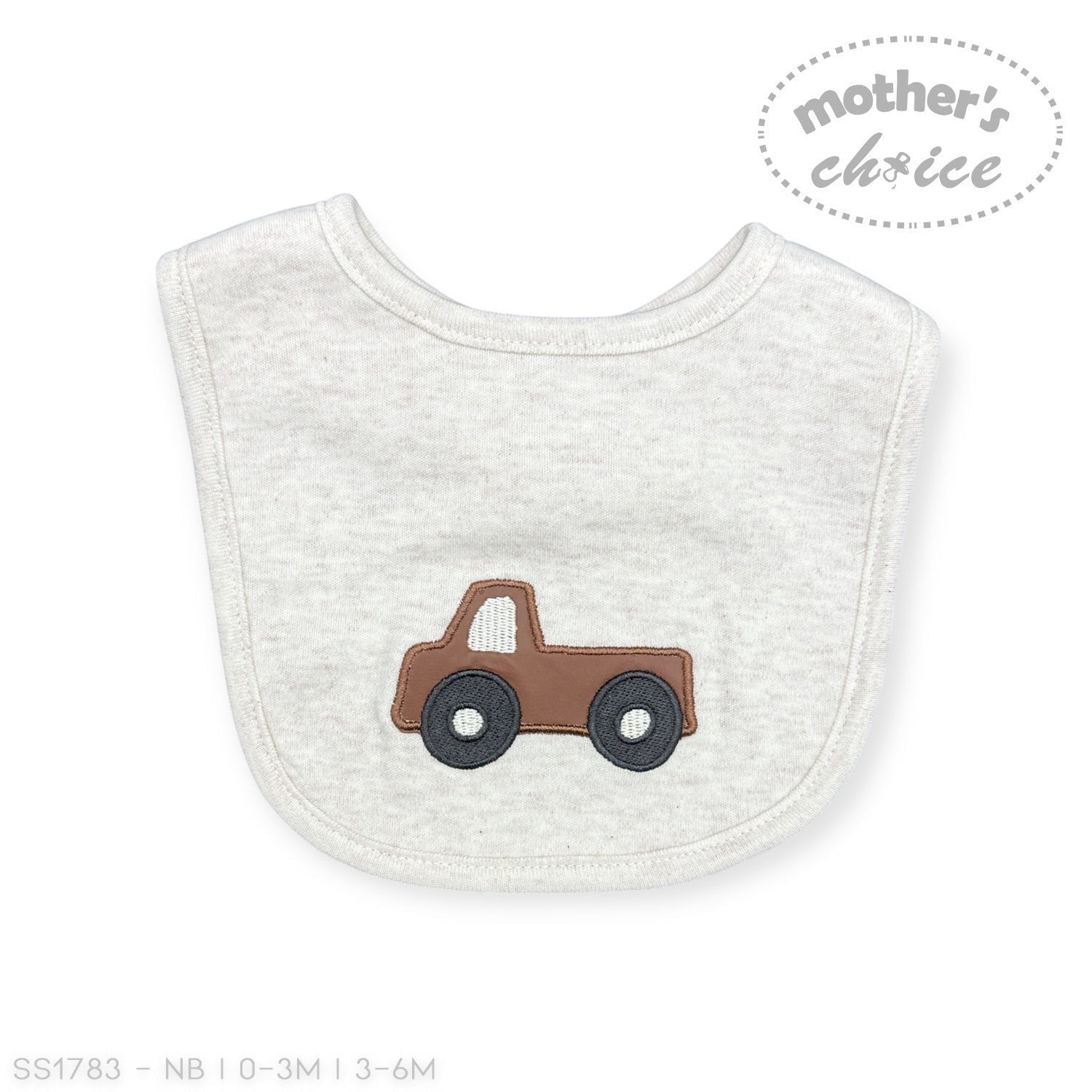 Baby bib with brown truck design on a white background, branded 'Mother's Choice'.