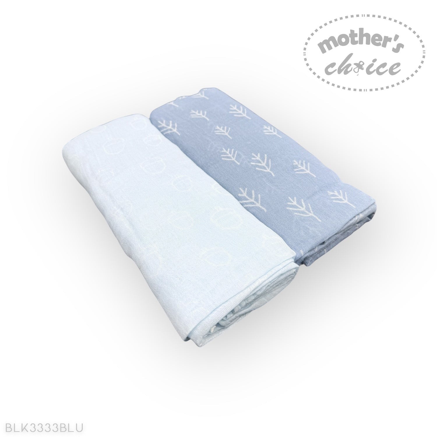 Two blue baby blankets with white leaf patterns on a white background, branded 'Mother's Choice'.