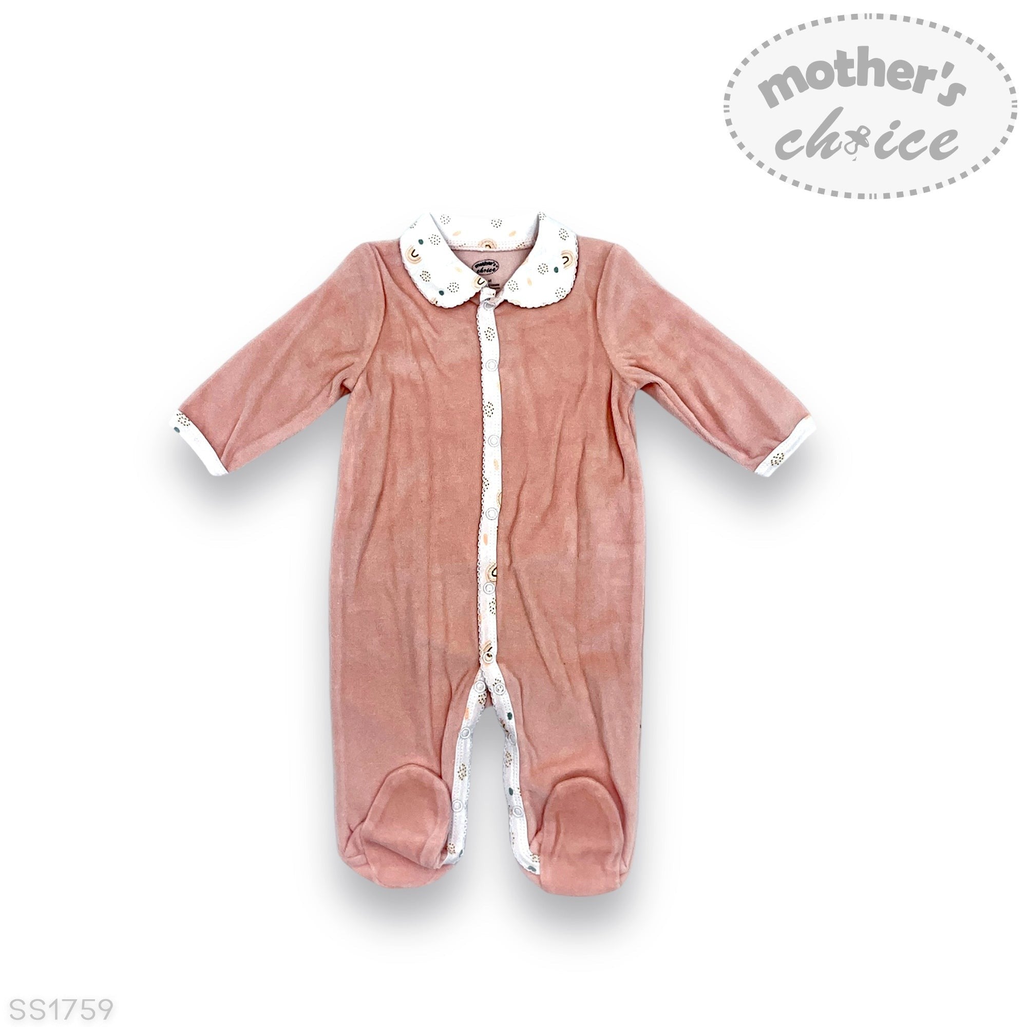 Pink baby onesie with white collar on a white background, featuring 'Mother's Choice' branding.