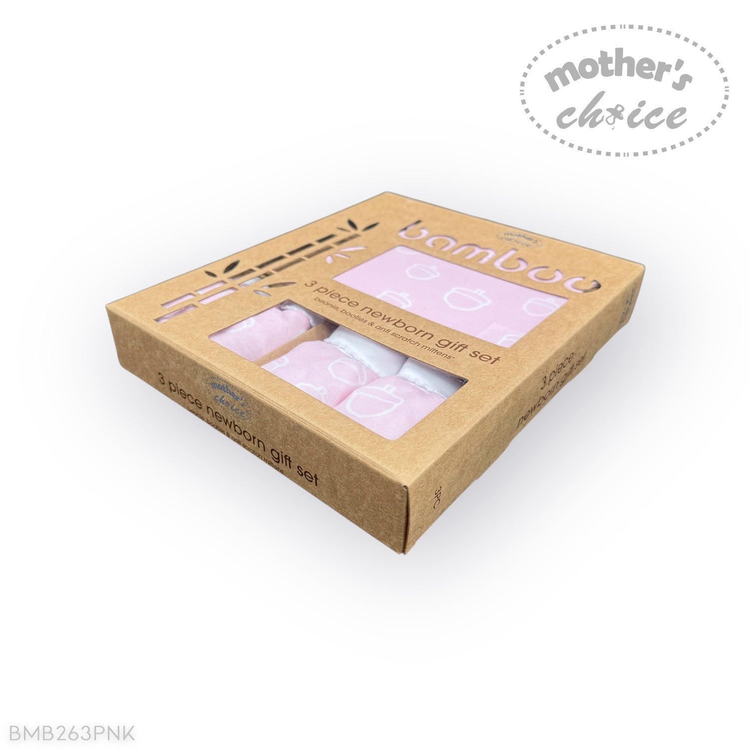 Bamboo baby gift set packaging with pink items on a white background