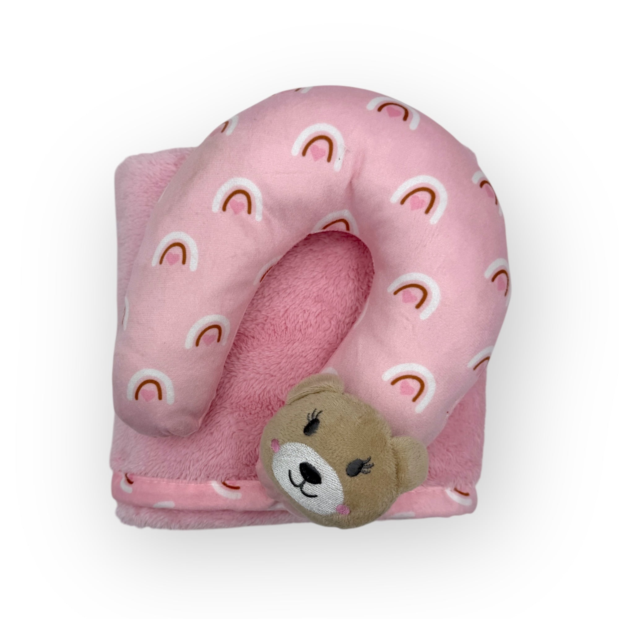 M/C SUPER SOFT CORAL FLEECE WITH PRINTED MINK BINDING BLANKET AND PILLOW SET GIRL&#39;S PINK BEAR