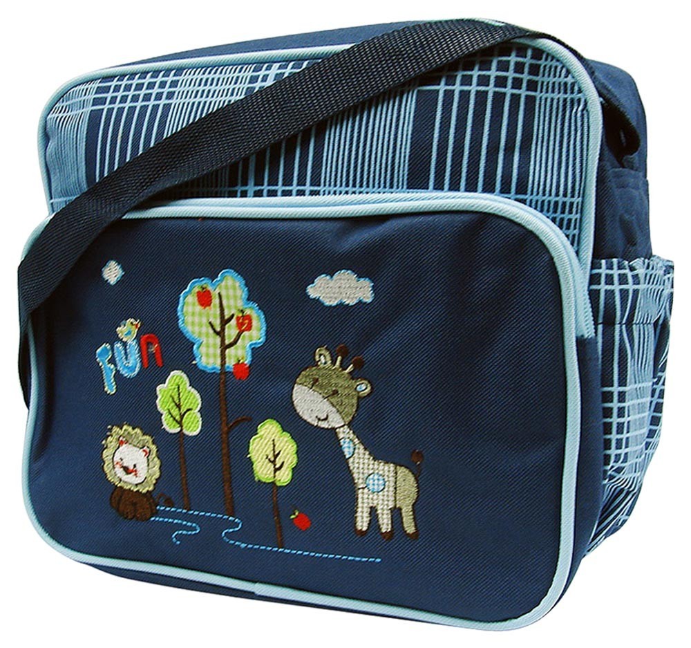 Navy blue bag with embroidered giraffe, lion, and trees design on a white background