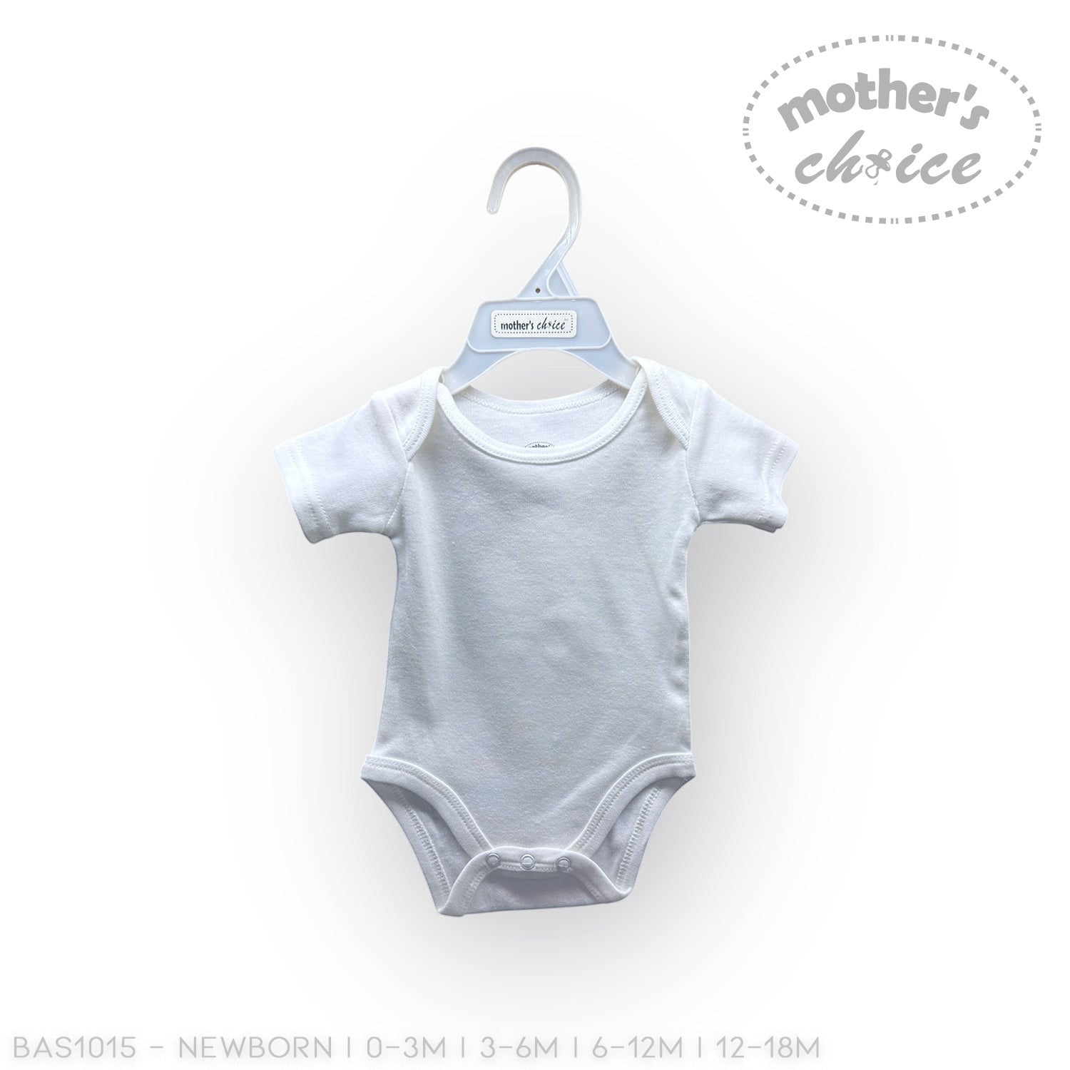 Gray baby onesie on a hanger with 'Mother's Choice' branding on a white background