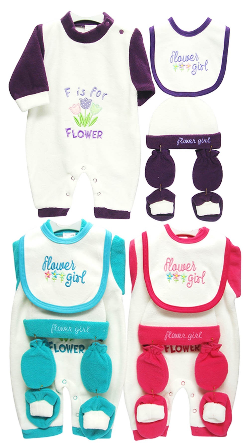 Set of baby clothing and accessories with 'flower girl' theme on a white background