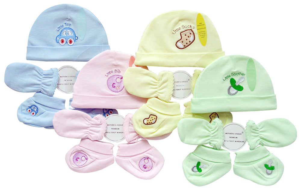 Set of baby hats and booties in pastel colors with cartoon designs on a white background.