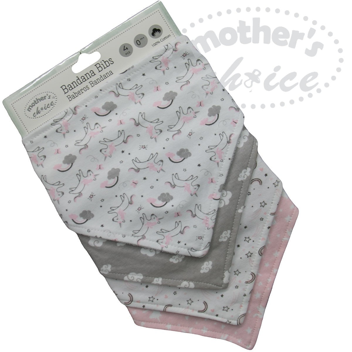 Packaged baby bibs with animal pattern on a white background