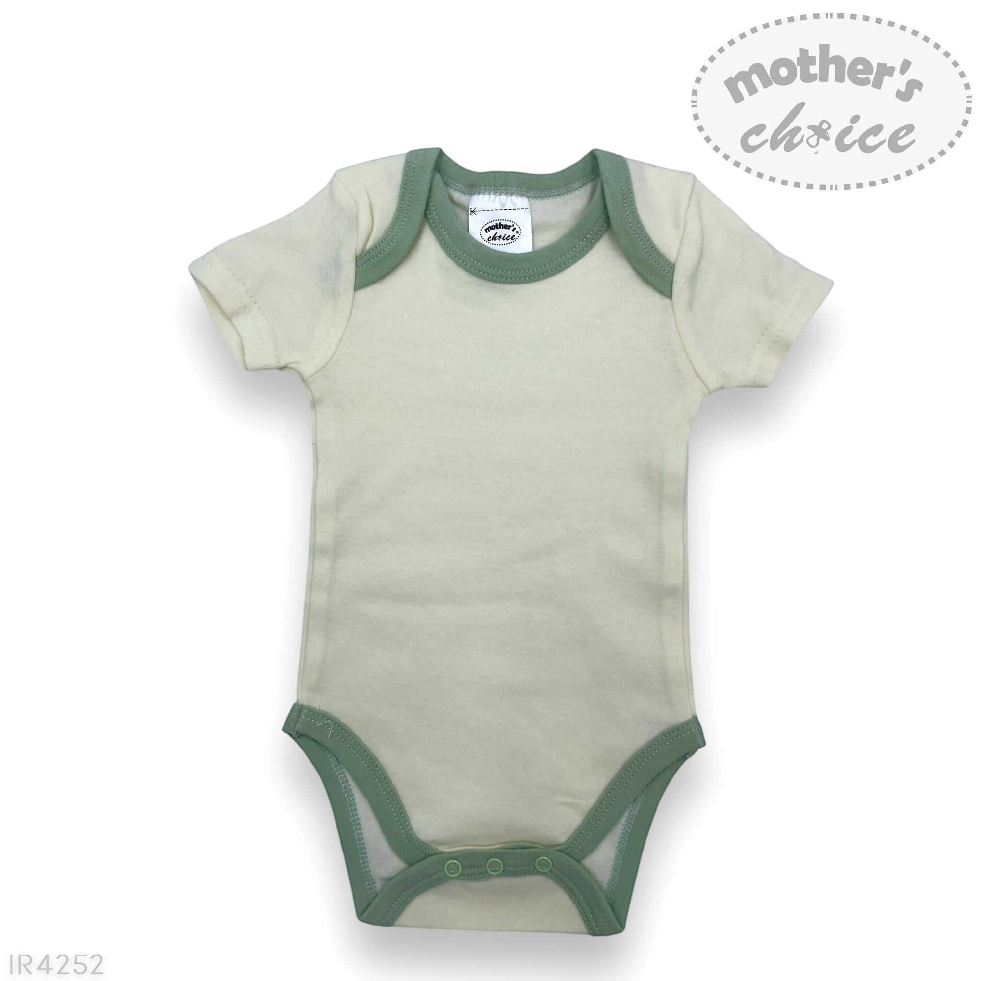 Green baby bodysuit with green trim on a white background, featuring 'mother's choice' branding.