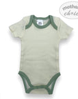Green baby bodysuit with green trim on a white background, featuring 'mother's choice' branding.