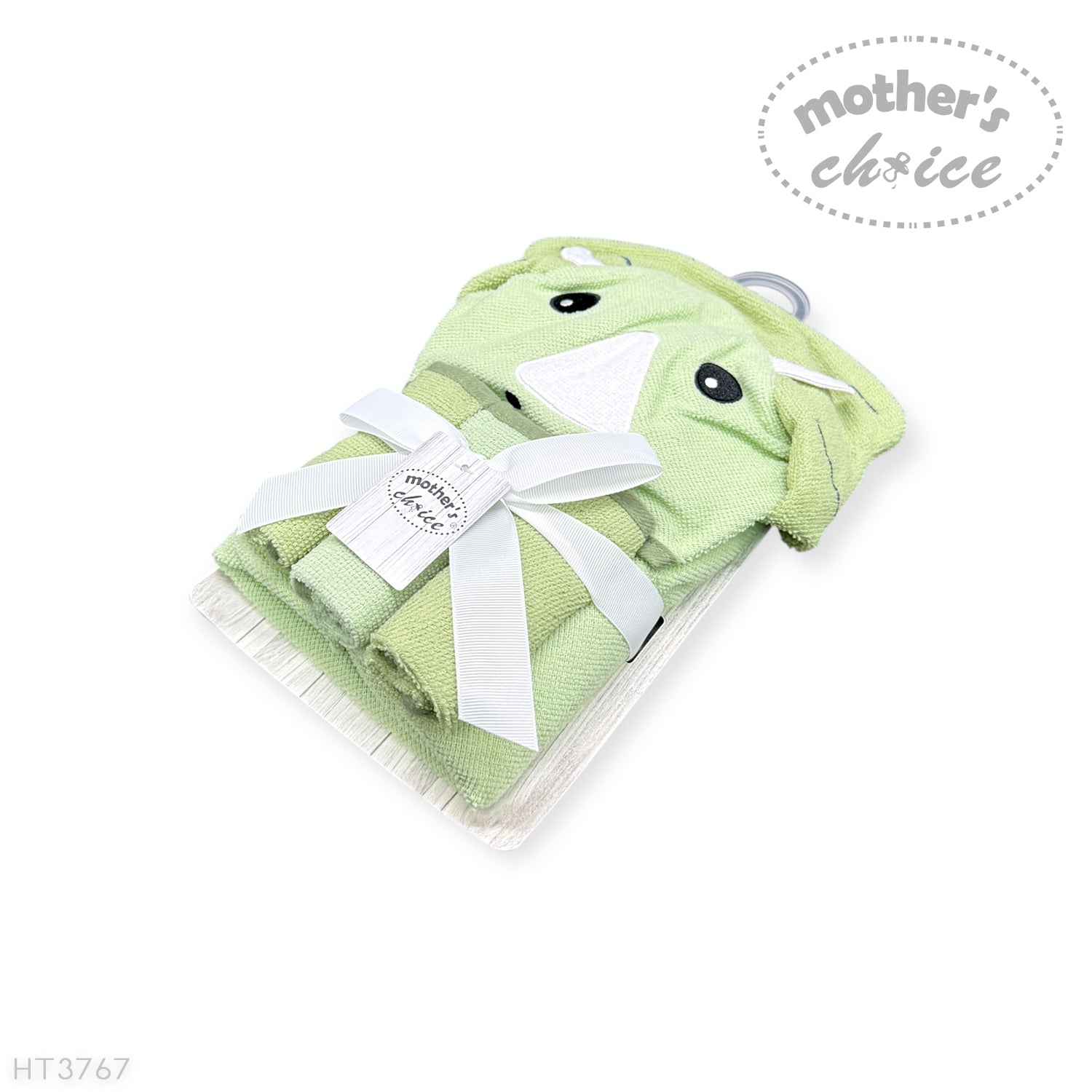 Green baby towel with white bow and 'Mother's Choice' label on a white background