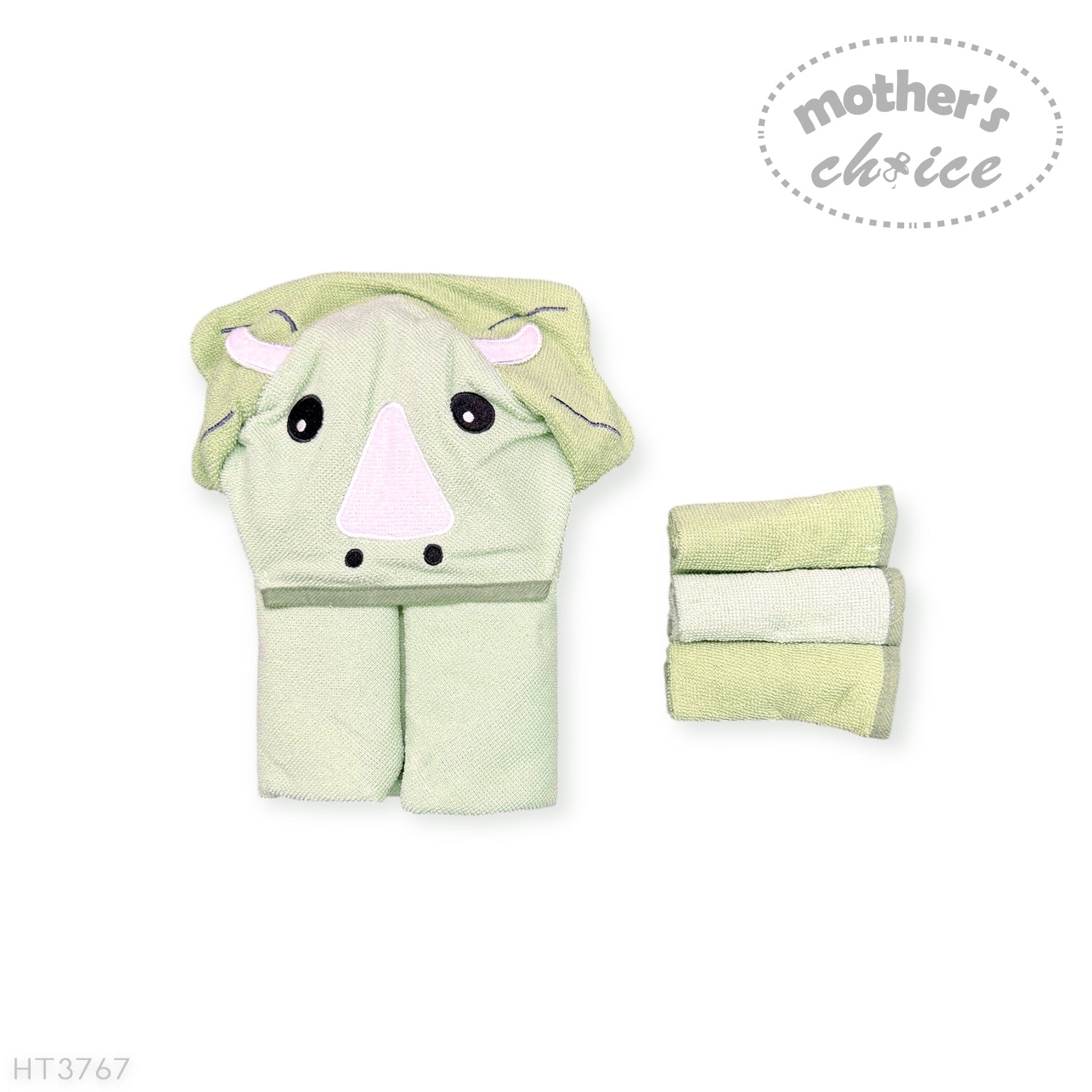 Green baby robe with animal design and folded towel on a white background, branded 'Mother's Choice'.
