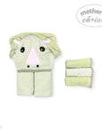 Green baby robe with animal design and folded towel on a white background, branded 'Mother's Choice'.