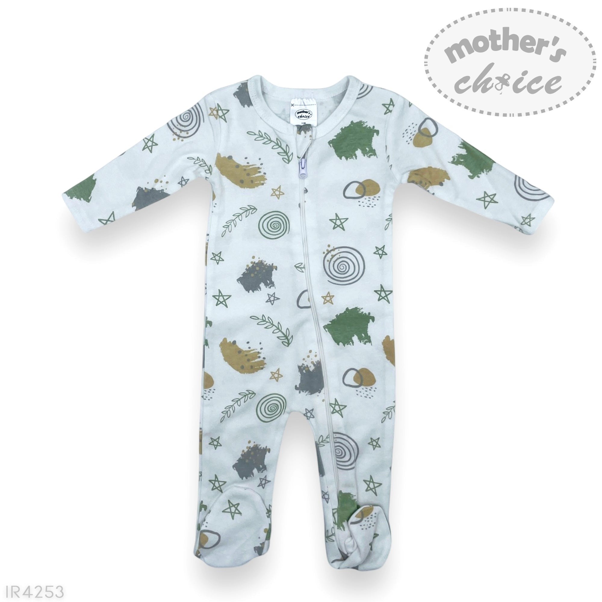 Baby onesie with animal pattern on a white background, featuring 'mother's choice' branding.