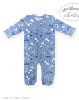 Blue baby onesie with animal pattern on a white background, branded 'Mother's Choice'.