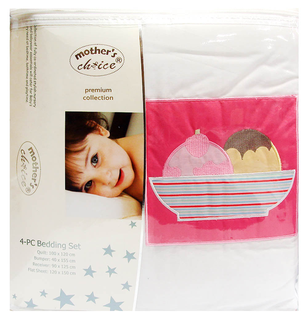 Mother's Choice 4-piece bedding set packaging with a baby image and product illustration.