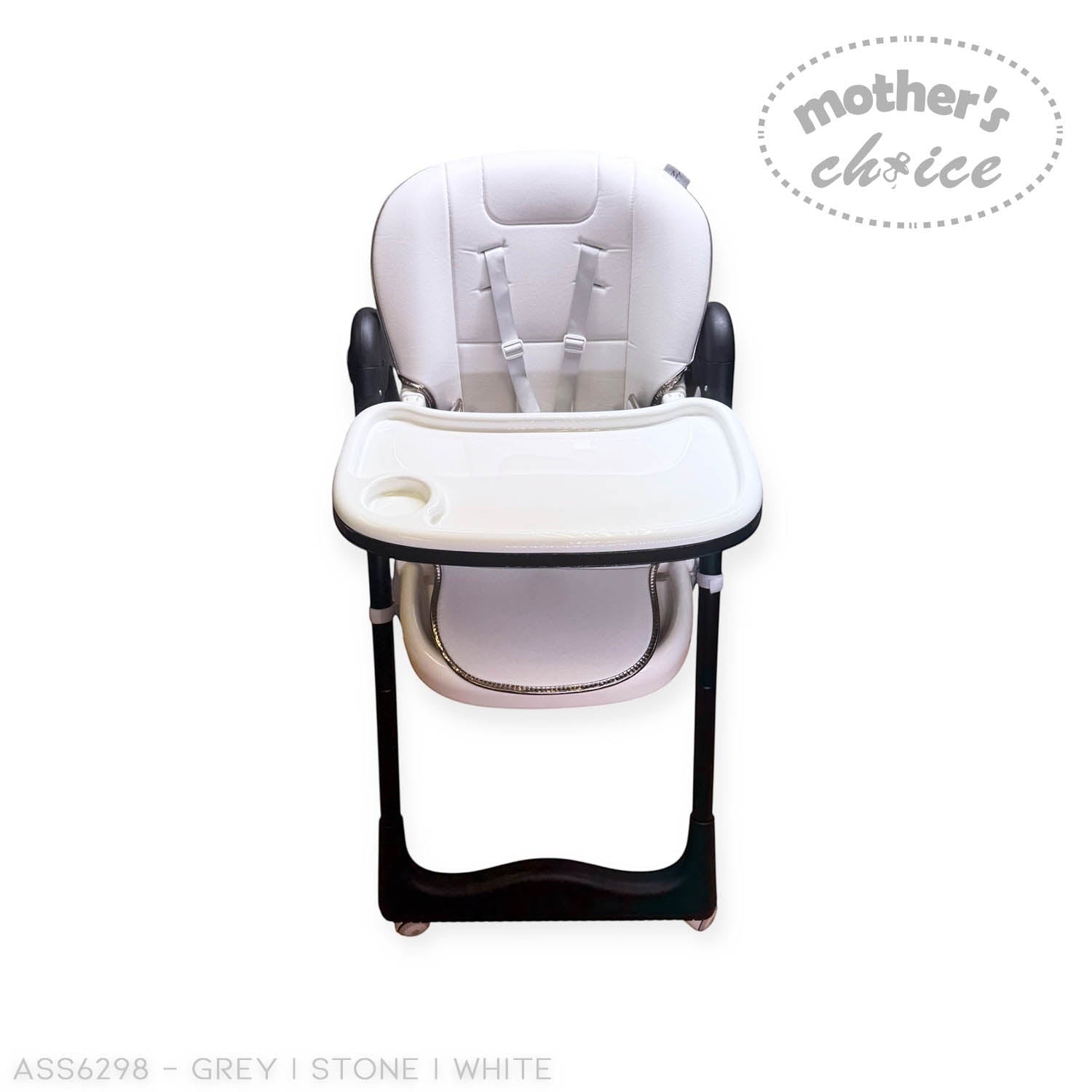 White baby high chair with 'Mother's Choice' branding on a white background
