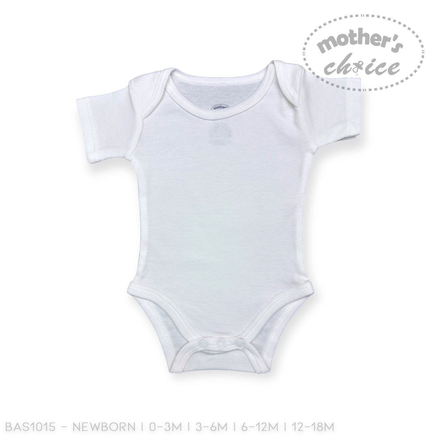 White baby onesie on a white background with 'Mother's Choice' branding.