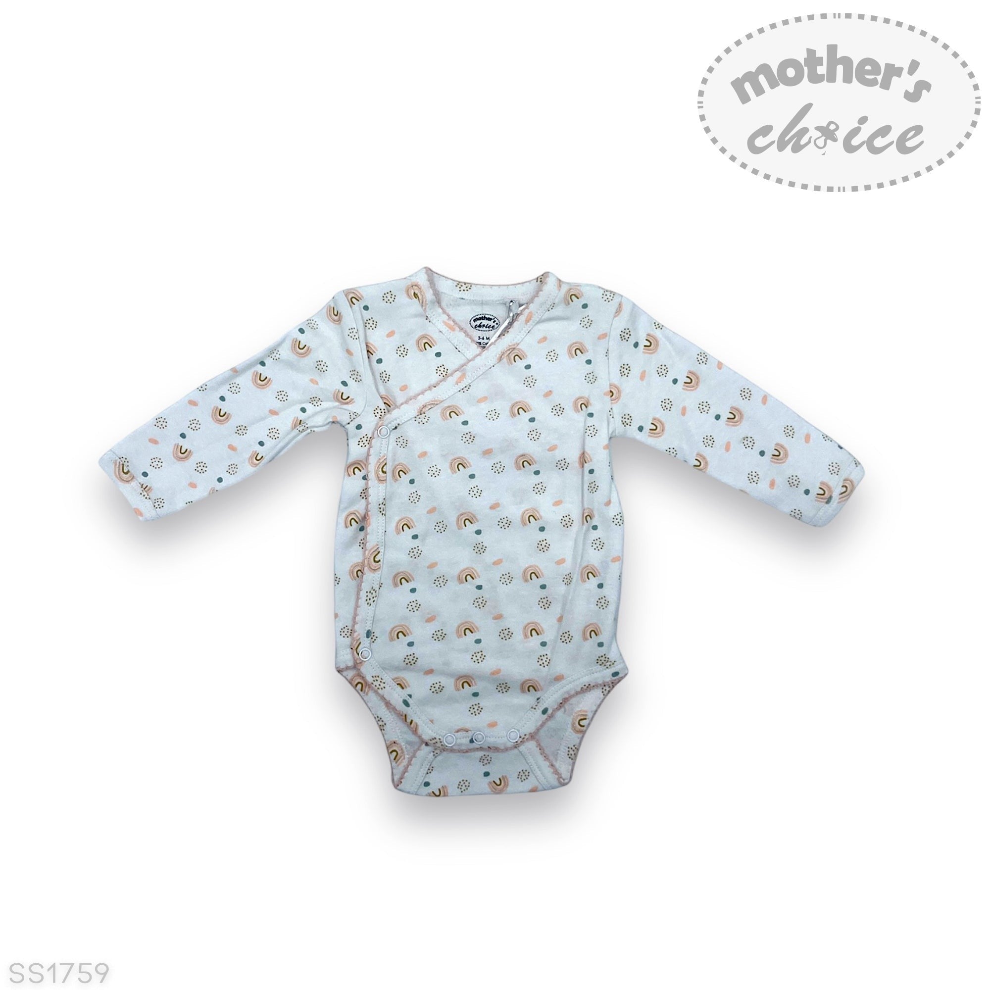 Baby onesie with long sleeves and a pattern on a white background, featuring 'Mother's Choice' branding.