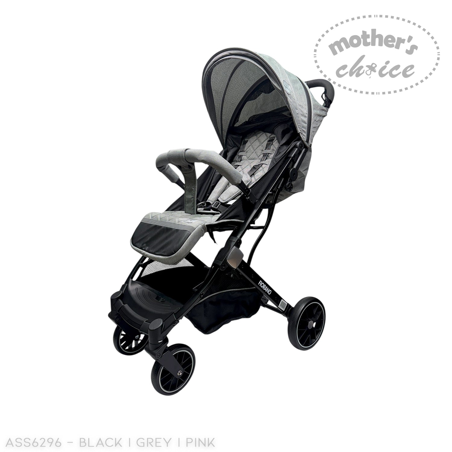 Black and gray stroller with a baby seat on a white background, featuring 'Mother's Choice' branding.