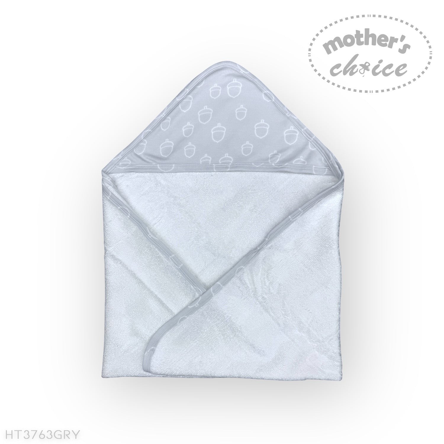 Gray hooded towel with acorn pattern on a white background, branded 'Mother's Choice'.