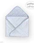 Gray hooded towel with acorn pattern on a white background, branded 'Mother's Choice'.