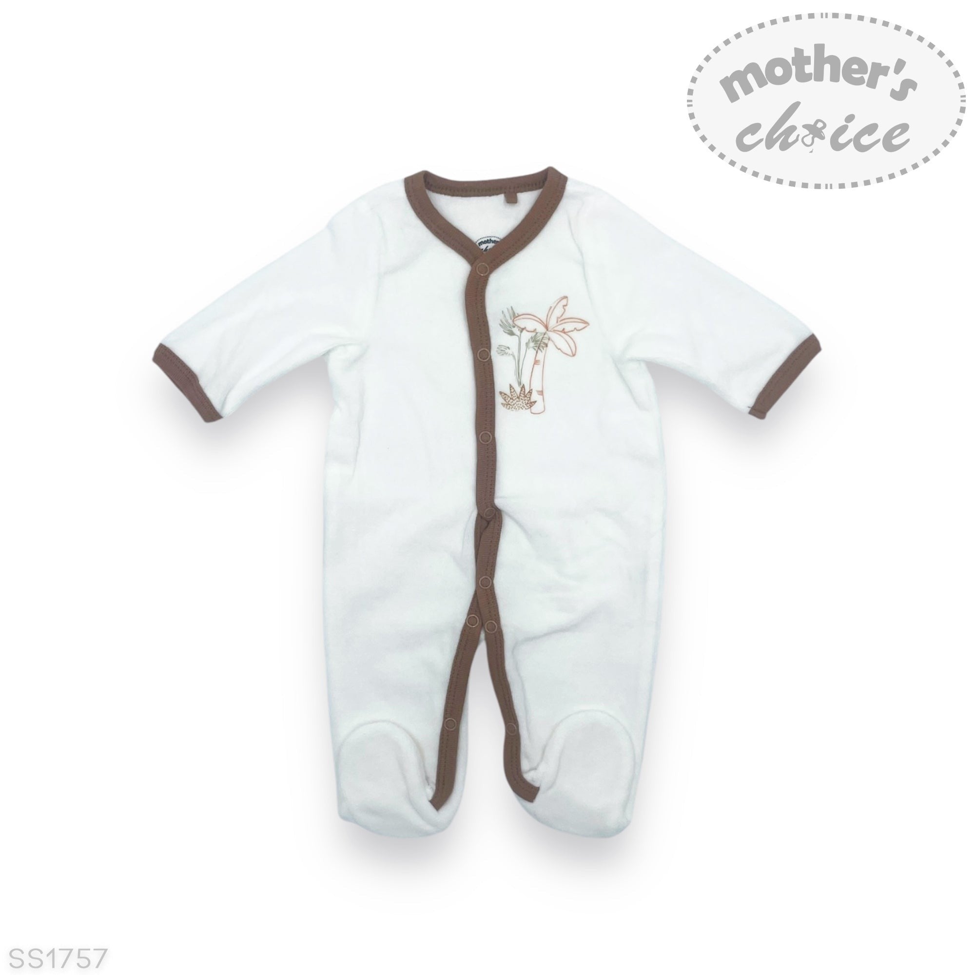 White baby onesie with brown accents and a palm tree design on a white background, featuring 'Mother's Choice' branding.