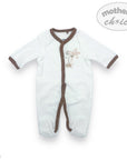 White baby onesie with brown accents and a palm tree design on a white background, featuring 'Mother's Choice' branding.