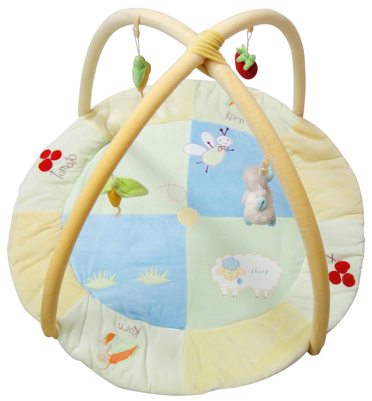 Baby play mat with animal illustrations and a yellow frame on a white background