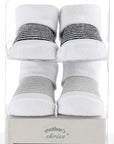 White baby socks with black stripes in a clear packaging box labeled 'mother's choice'.