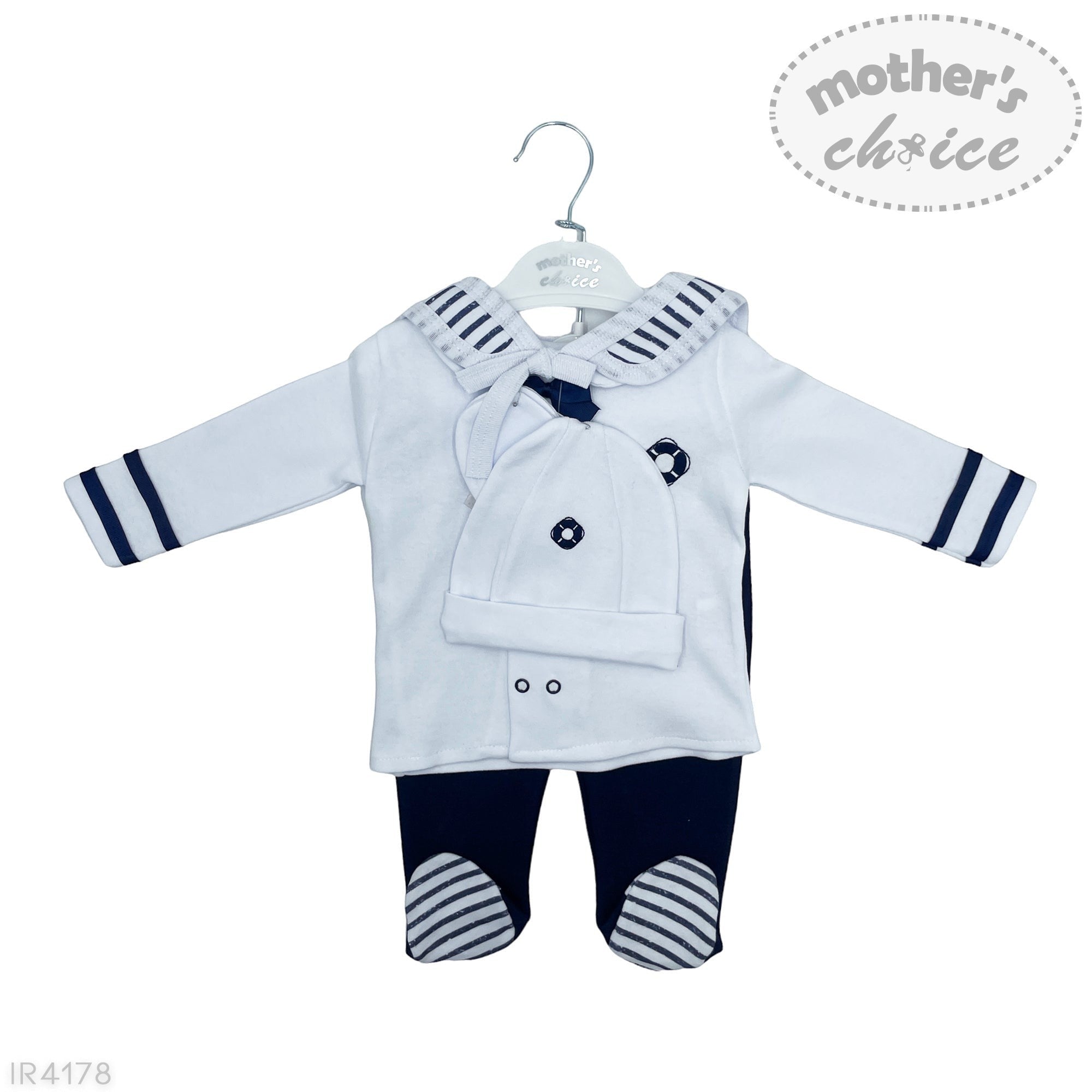 Baby outfit with jacket and pants on a hanger, branded 'Mother's Choice'.
