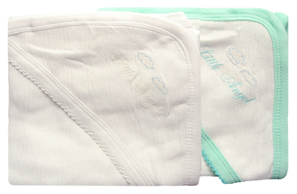 White baby blanket with green trim and 'Little Angels' branding on a white background