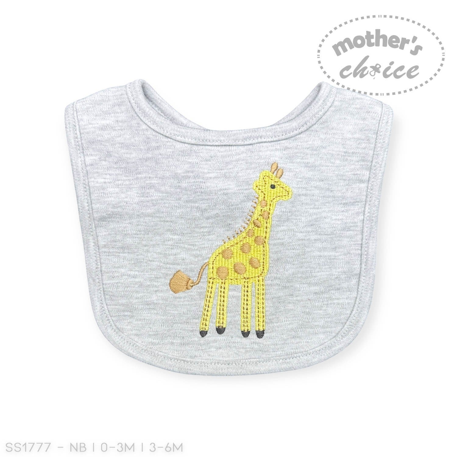 Gray baby bib with yellow giraffe design on a white background, featuring 'Mother's Choice' branding.