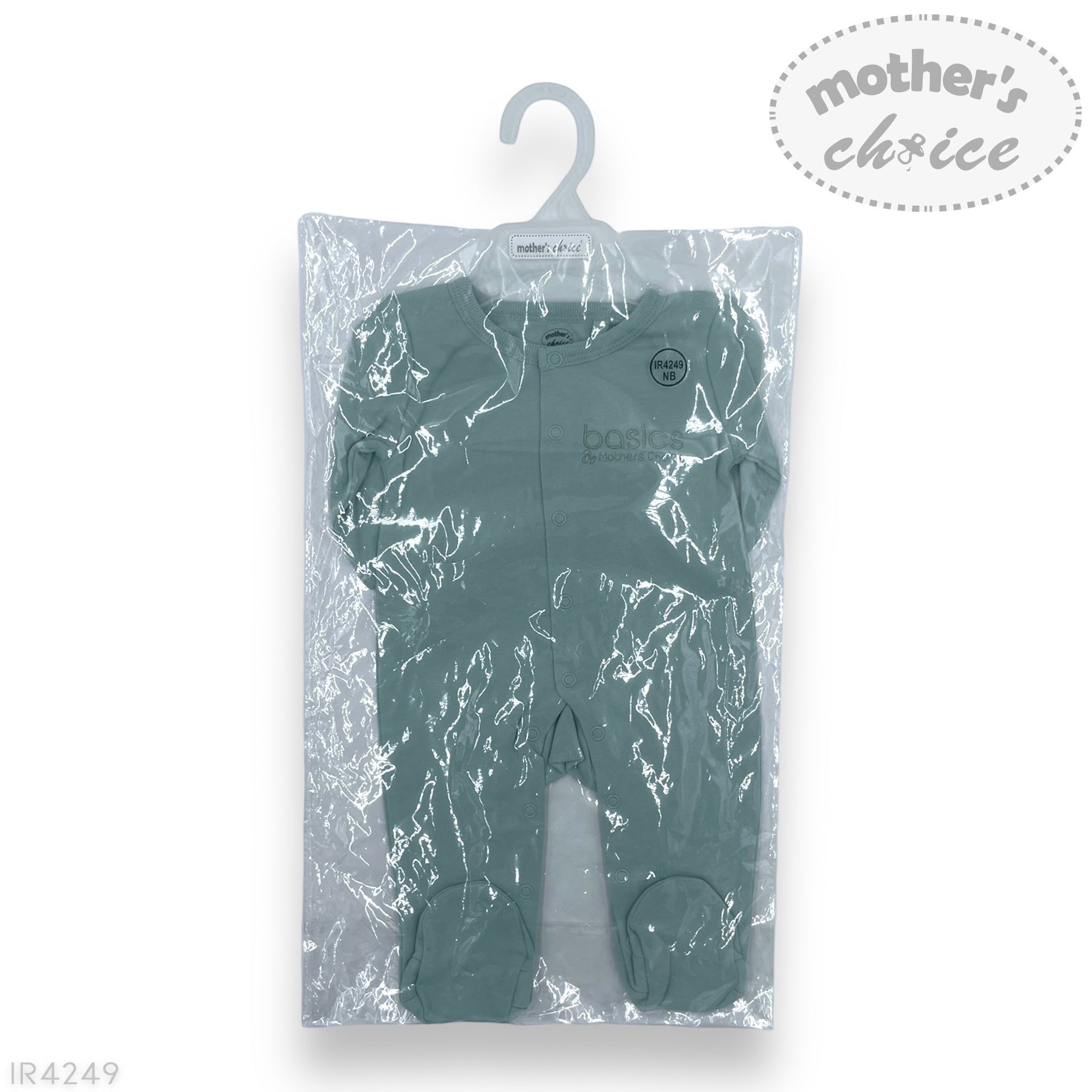 Green baby onesie in clear packaging on a hanger with 'Mother's Choice' branding.