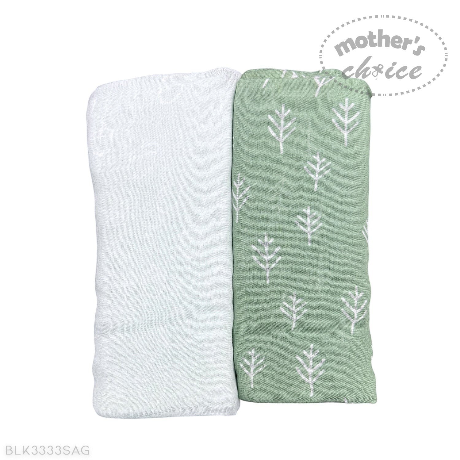 Two baby blankets, one white and one green with tree pattern, on a white background.