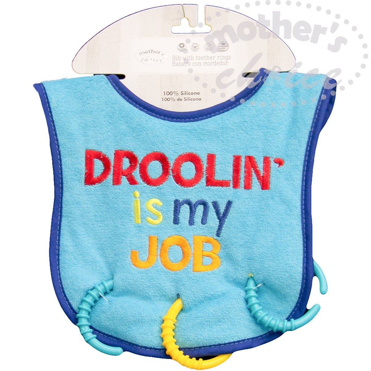 Baby bib with 'Droolin' is my job' text on a white background