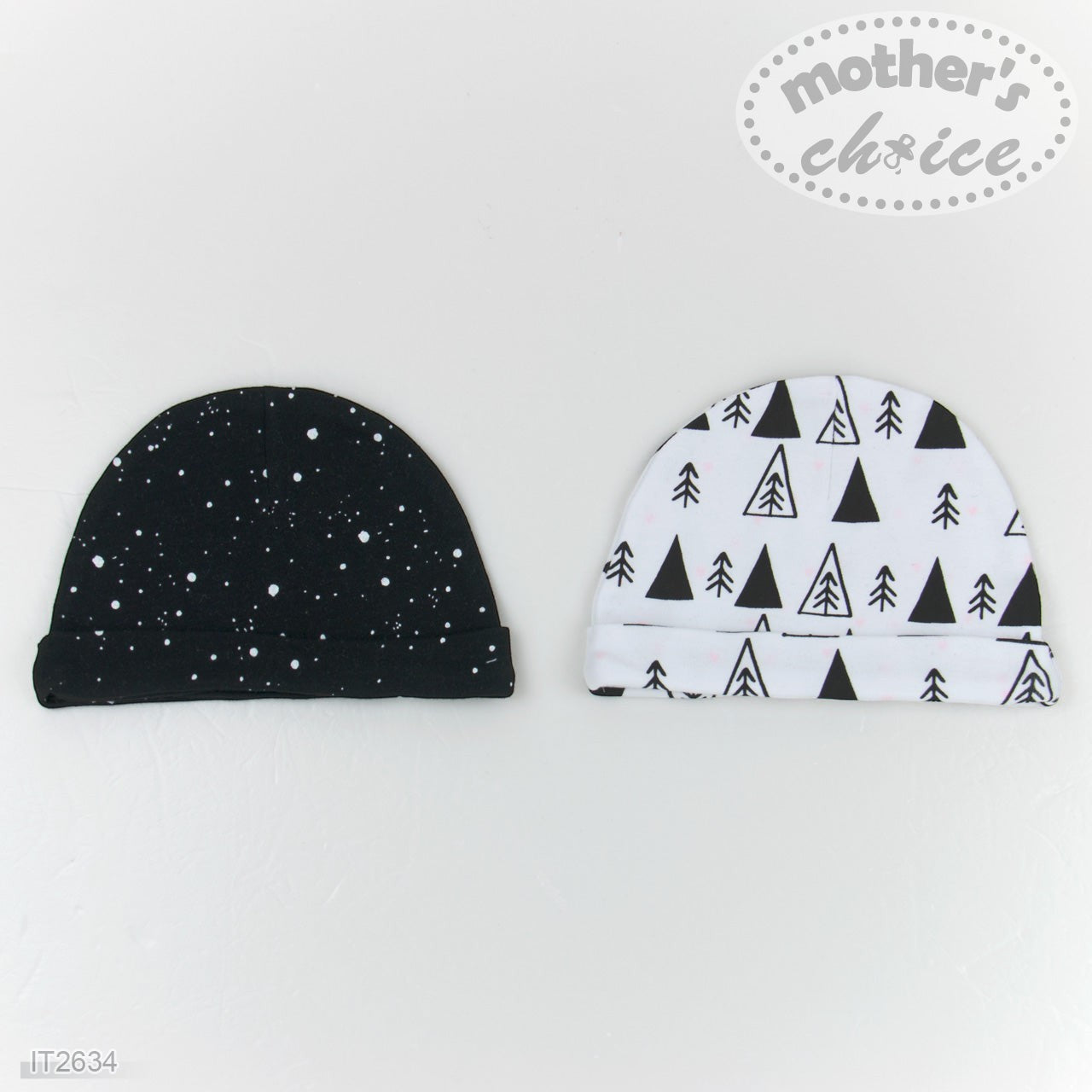 Two baby hats on a white background with 'mother's choice' branding.