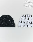 Two baby hats on a white background with 'mother's choice' branding.